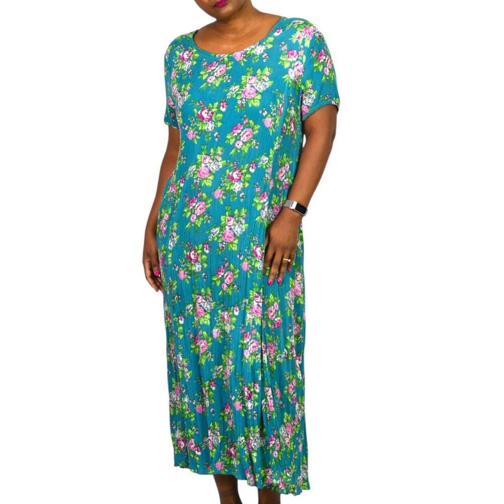 Vicki Wayne Vintage Dress Green Crinkle Rayon Maxi Lace Up Corset Large Petite P